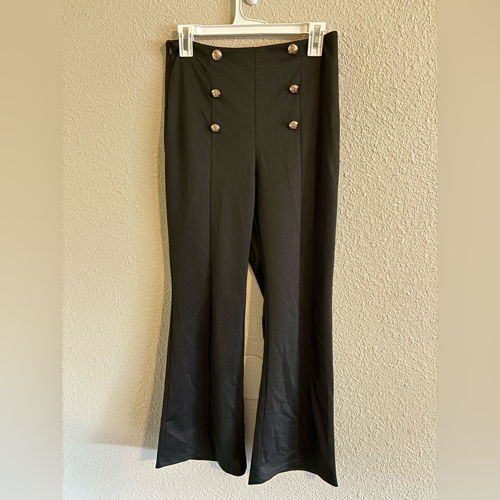 Cider Black Flare Pants with Gold Buttons